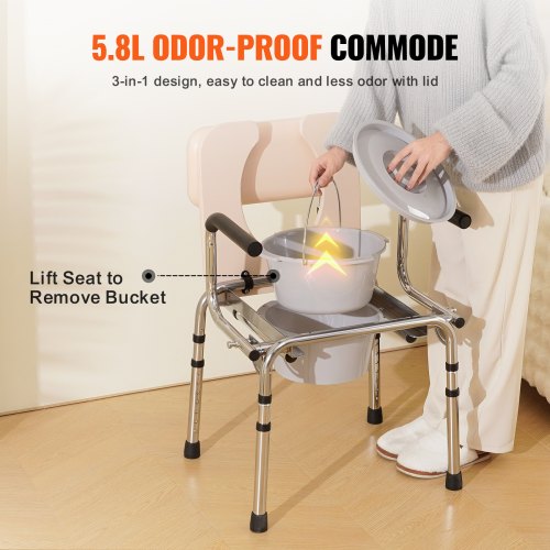 Commode Chair Bedside Commode with Padded Seat DropDown Arms 7Level