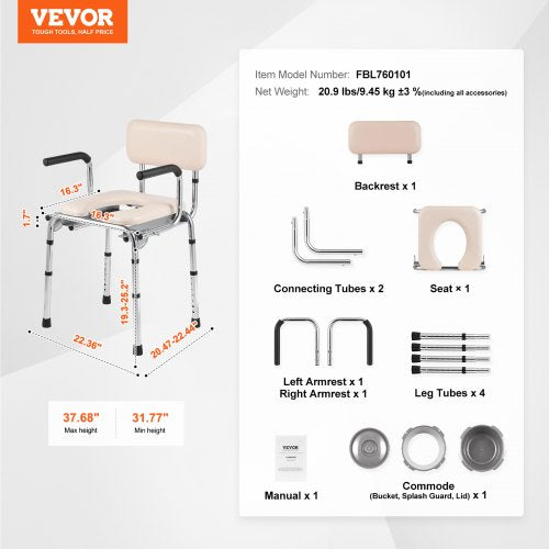 Commode Chair Bedside Commode with Padded Seat DropDown Arms 7Level