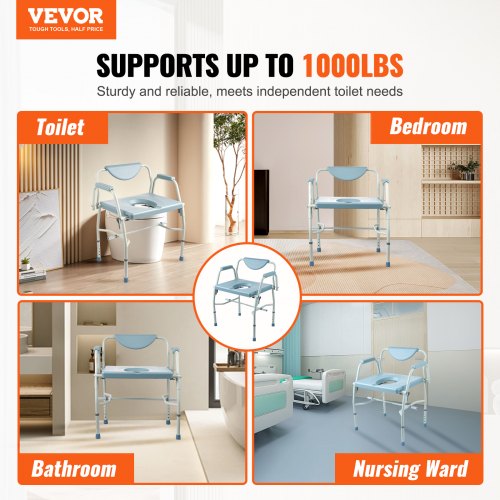 Commode Chair Bedside Commode with DropDown Arms and Detachable Backrest