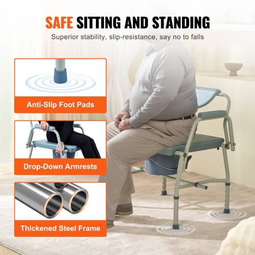 Commode Chair Bedside Commode with DropDown Arms and Detachable Backrest