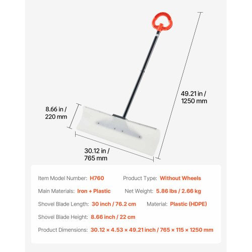 Snow Pusher Shovel 30 in Outdoor Snowplow Shovel with Ergonomic Grip HDPE