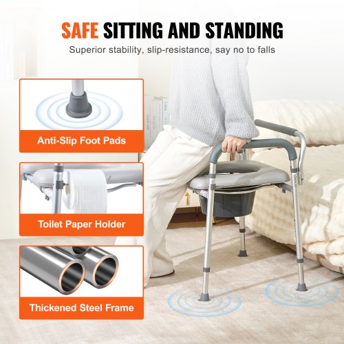 Commode Chair Bedside Commode with Padded Seat and Arms 7Level Adjustable