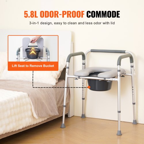Commode Chair Bedside Commode with Padded Seat and Arms 7Level Adjustable