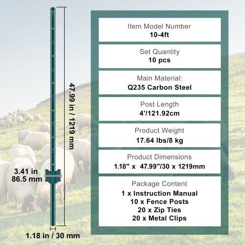 4 Feet Fence Post 10 Pack TPost Heavy Duty Metal Fence Posts Green – 10 PCS