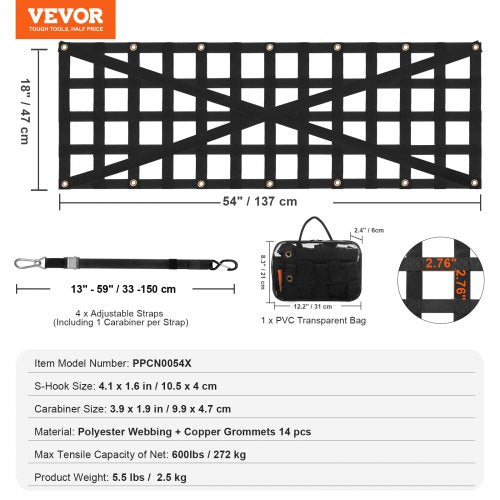 Tailgate Net 54 in x 18 in Heavy Duty Cargo Net for Truck Bed with 4