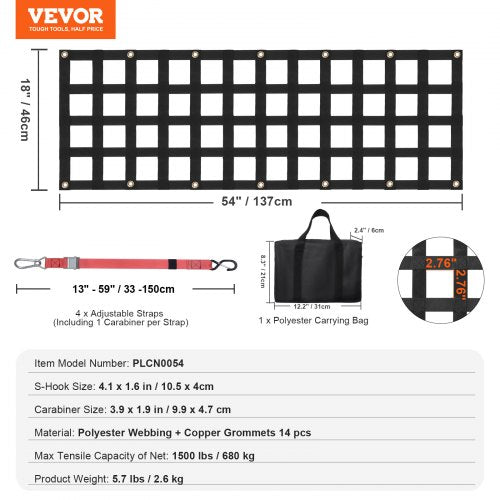Tailgate Net 54 in x 18 in Heavy Duty Cargo Net for Truck Bed with 4