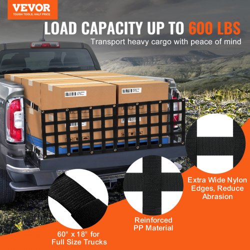 Tailgate Net 60 in x 18 in Heavy Duty Cargo Net for Truck Bed with 4