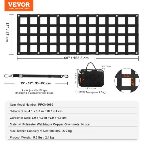 Tailgate Net 60 in x 18 in Heavy Duty Cargo Net for Truck Bed with 4