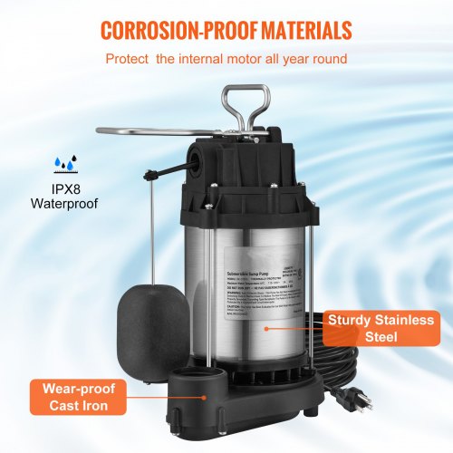 Sump Pump 12 HP 3960 GPH Submersible Stainless Steel Water Pump 112