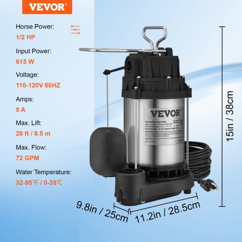 Sump Pump 12 HP 3960 GPH Submersible Stainless Steel Water Pump 112