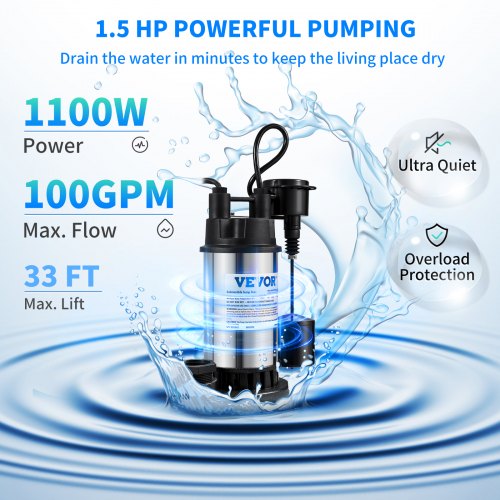1.5 HP Submersible Cast Iron and Steel Sump Pump 6000 GPH Submersible Water