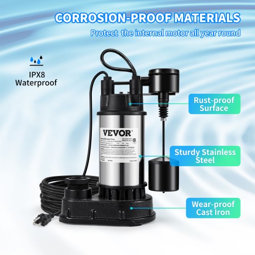 1.5 HP Submersible Cast Iron and Steel Sump Pump 6000 GPH Submersible Water