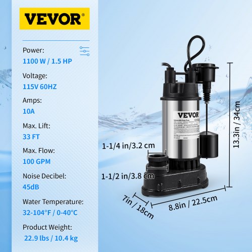 1.5 HP Submersible Cast Iron and Steel Sump Pump 6000 GPH Submersible Water