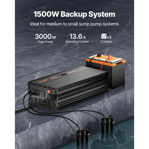 Sump Pump Battery Backup System 1500W Auto Switches to Battery Inverter