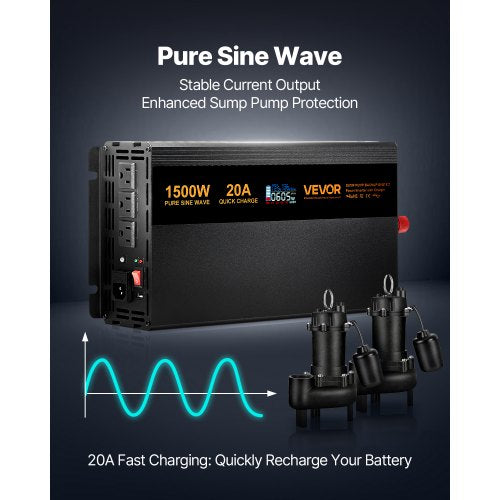 Sump Pump Battery Backup System 1500W Auto Switches to Battery Inverter