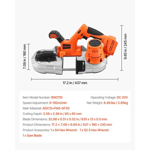 20V Portable Band Saw 256Inch Deep Cut 360W Bandsaw with Brushless