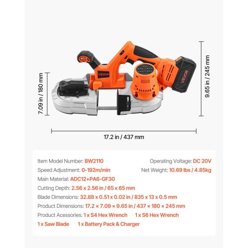 20V Portable Band Saw Kit 256Inch Deep Cut AC 110V 360W Bandsaw with Brushless