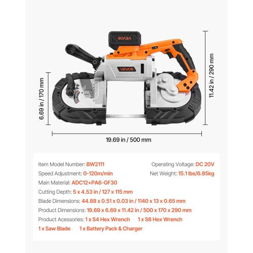 20V Portable Band Saw Kit 5 Inches Deep Cut AC 110V 360W Bandsaw with Brushless