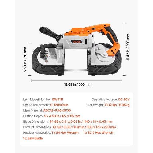 20V Portable Band Saw 5 Inches Deep Cut 360W Bandsaw with Brushless Motor