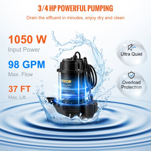 Submersible Sewage Pump 34 HP 5880 GPH 1050W Durable Cast Iron
