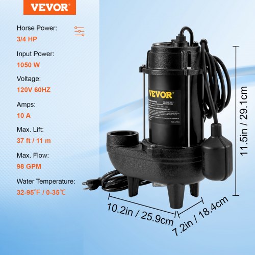 Submersible Sewage Pump 34 HP 5880 GPH 1050W Durable Cast Iron