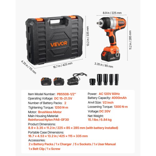 Cordless Impact Wrench 9588 ftlbs 1300 N·m High Torque 12 inch 20V
