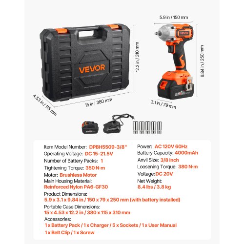 Cordless Impact Wrench 280 ftlbs 380 N·m High Torque 38 inch 20V