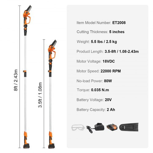 2in1 Cordless Pole Saw Mini Chainsaw 20V 2Ah Battery Pole Chainsaw 5