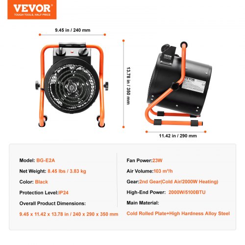 Greenhouse Heater 1500W Fast Heating with Overheat Protection 2Speed