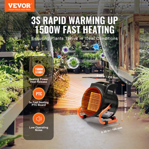 Greenhouse Heater with Thermostat 1500W PTC Fast Heating with Overheat