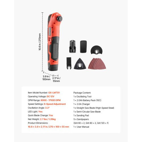 Cordless Oscillating Tool 12V Multitool Oscillating Saw Tool with 6