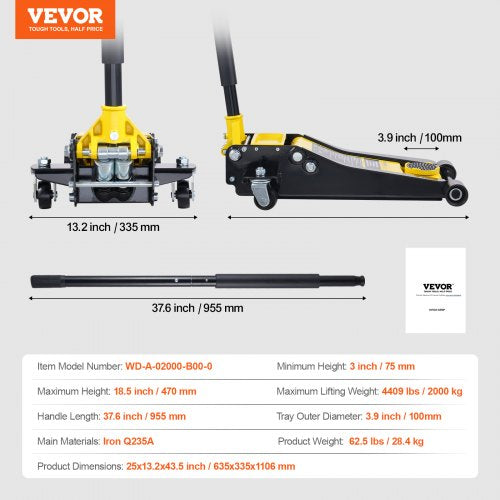 Low Profile Floor Jack 2 Ton 4400 lbs Heavy Duty Iron Hydraulic Racing