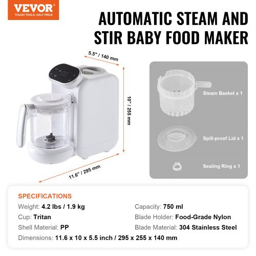 Baby Food Maker 430W Baby Food Processor with 750 ml Tritan Bowl SUS304