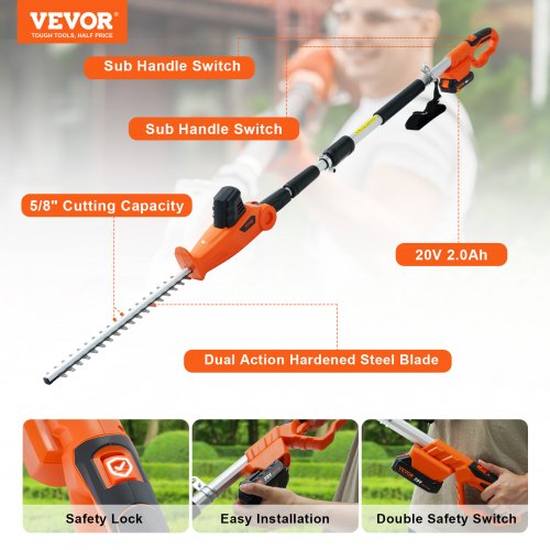 20V Cordless Hedge Trimmer 18 inch Doubleedged Steel Blade Pole Hedge