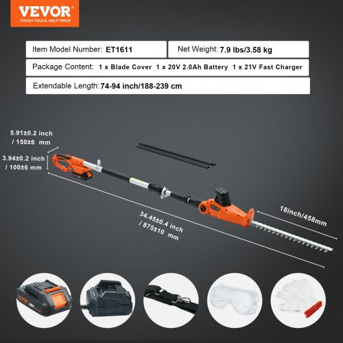 20V Cordless Hedge Trimmer 18 inch Doubleedged Steel Blade Pole Hedge