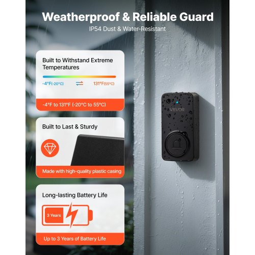 Wireless Doorbell Kit Ip54 Waterproof Door Chime Ranges Up To 1000 Ft 5