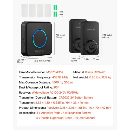 Wireless Doorbell Kit Ip54 Waterproof Door Chime Ranges Up To 1000 Ft 5