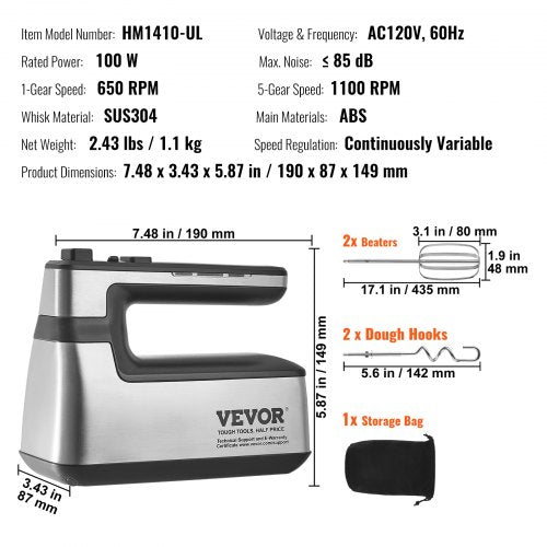 Cordless Electric Hand Mixer 100W Continuously Variable Electric Handheld