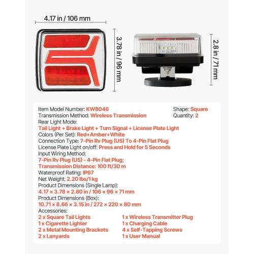 Trailer Lights 2PCS 12V Square LED Magnetic Wireless Trailer Tail Lights