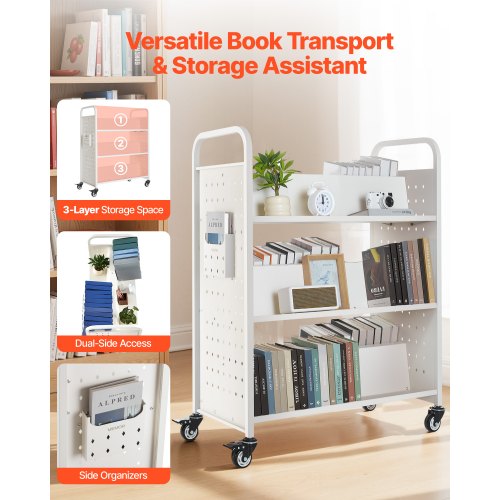 Rolling Library Book Cart 330 lbs Capacity 382 x 203 x 482Inch Library