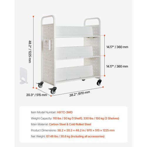 Rolling Library Book Cart 330 lbs Capacity 382 x 203 x 482Inch Library