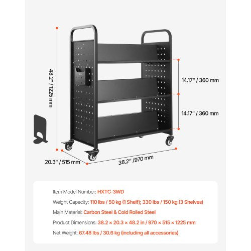 Rolling Library Book Cart 330 lbs Capacity 382 x 203 x 482Inch Library 1