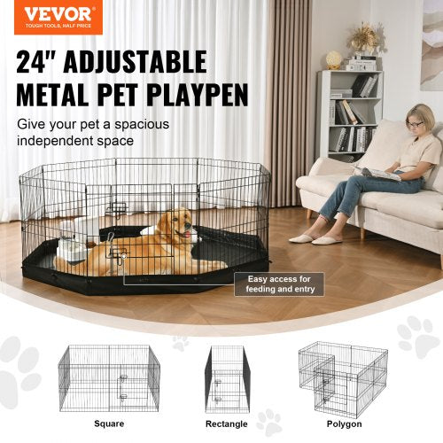 Dog Playpen 8 Panels Foldable Metal Dog Exercise Pen with Bottom Pad 24 H