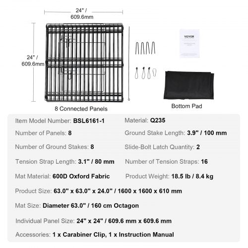 Dog Playpen 8 Panels Foldable Metal Dog Exercise Pen with Bottom Pad 24 H