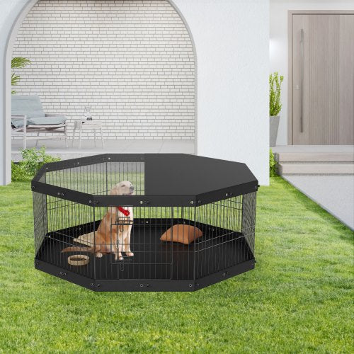 Dog Playpen 8 Panels Foldable Metal Dog Exercise Pen with Top Cover and Bottom