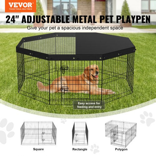 Dog Playpen 8 Panels Foldable Metal Dog Exercise Pen with Top Cover 24 H