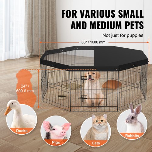 Dog Playpen 8 Panels Foldable Metal Dog Exercise Pen with Top Cover 24 H