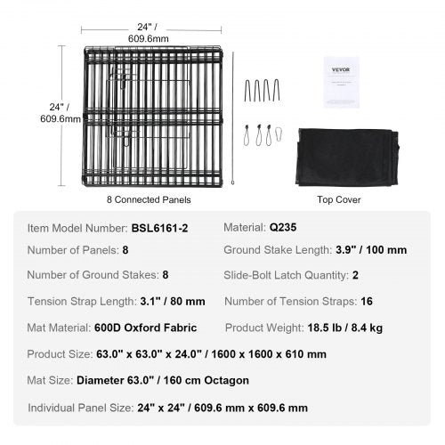 Dog Playpen 8 Panels Foldable Metal Dog Exercise Pen with Top Cover 24 H