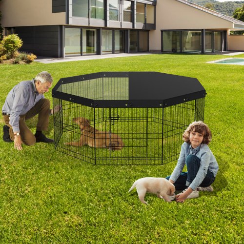 Dog Playpen 8 Panels Foldable Metal Dog Exercise Pen with Top Cover 24 H