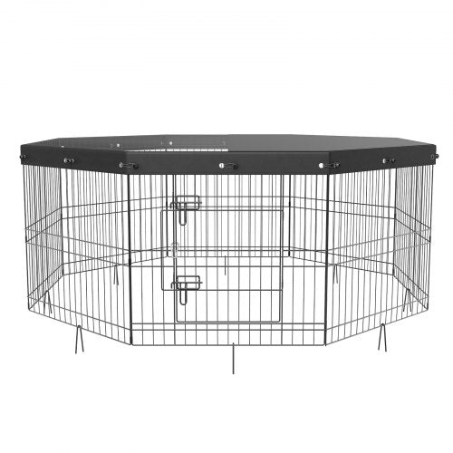 Dog Playpen 8 Panels Foldable Metal Dog Exercise Pen with Top Cover 24 H